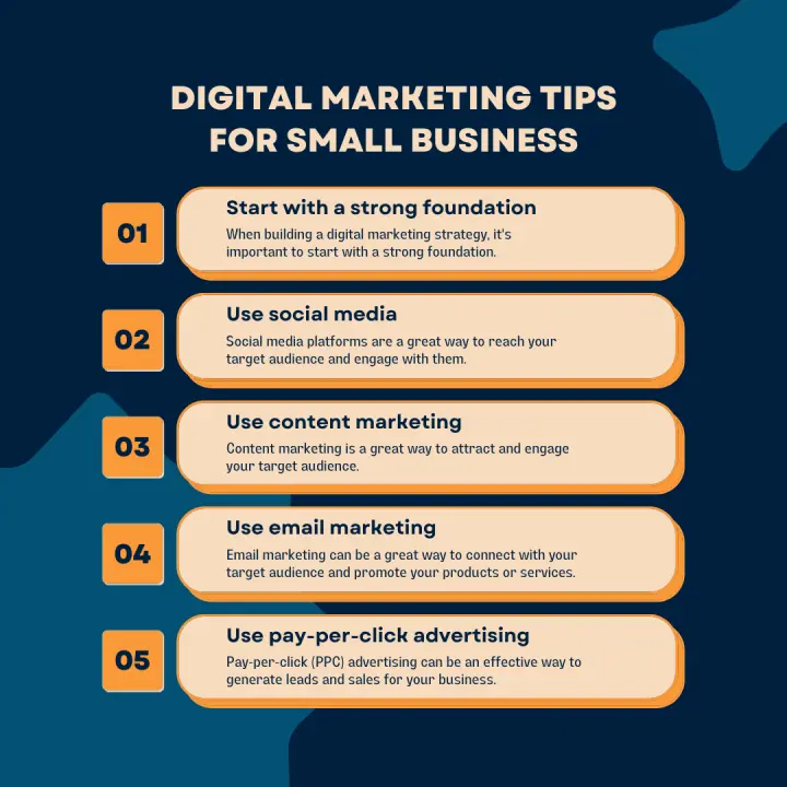 Digital marketing tips infographic for small businesses including SEO, social media, content marketing, email marketing, and PPC